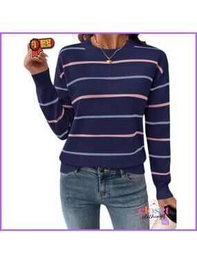 Womens Striped Crewneck Pullover Sweater Long Sleeve Ribbed Knit Loose Fit